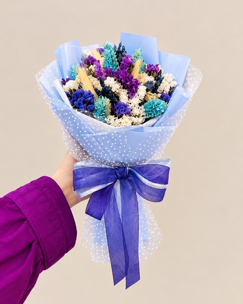 دسته گل مینی آبی و بنفش
